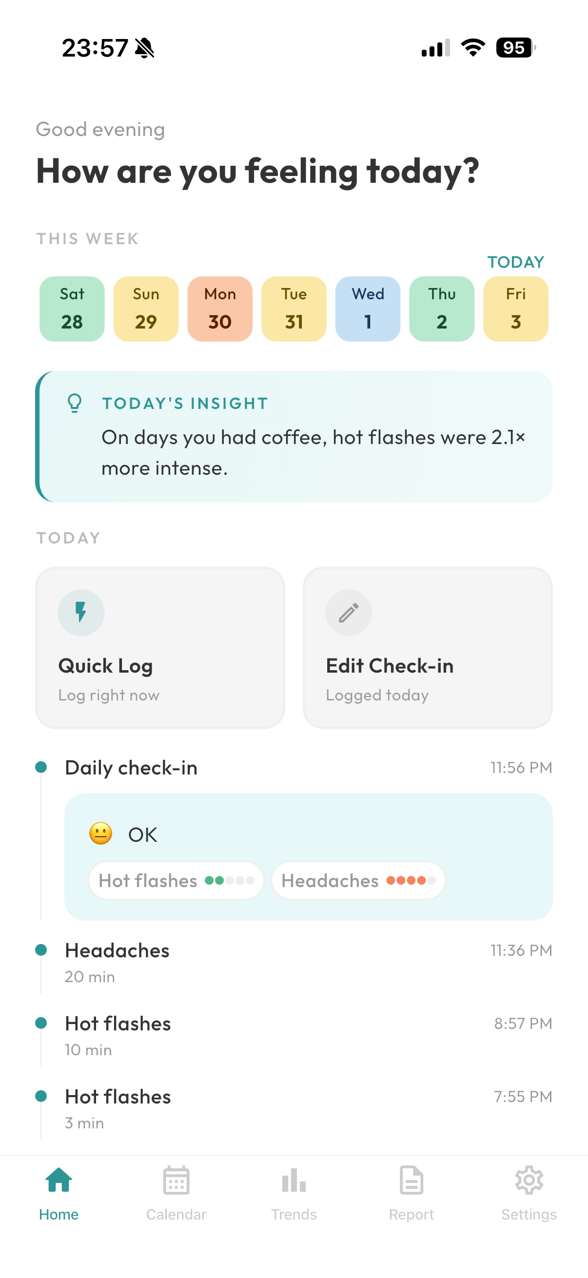 Sage app home screen showing this week's mood colors, a hot flash insight, and today's logged symptoms